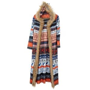 Boho Tribal Print Faux Fur Hooded Long Coat – Nordic Fair Isle Style